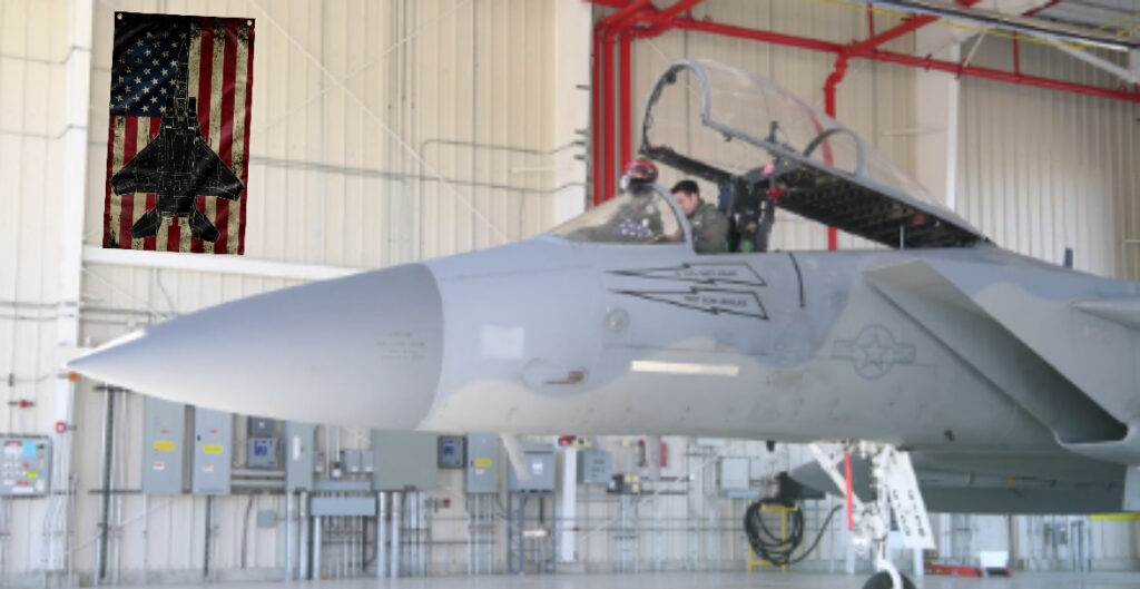 F-15 decorative flag on an aircraft hangar wall